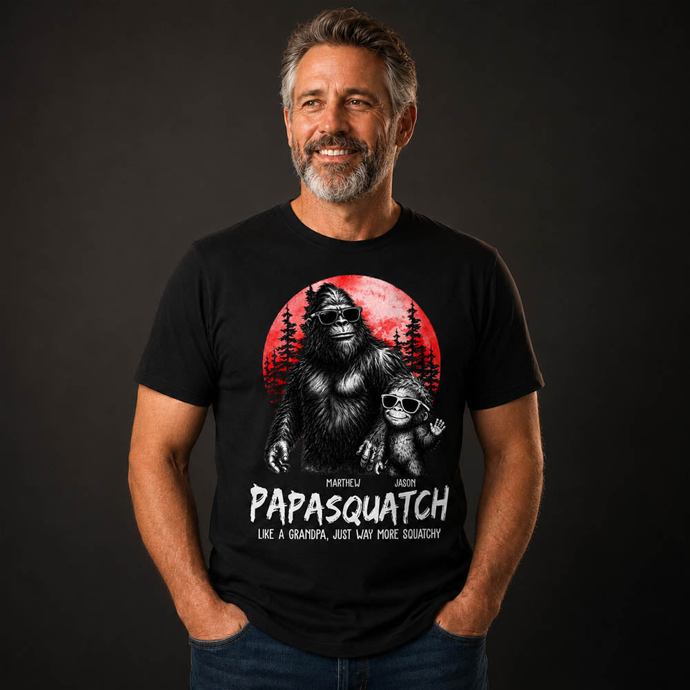 Personalized Papasquatch, Like A Grandpa, Just Way More Squatchy T-Shirt Father Day Gifts for Dad Funny Papa Tshirt Cool Daddy Bigfoot Tee, Red Moon Style