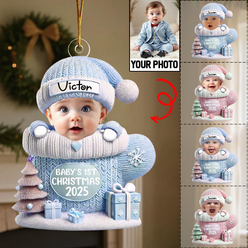 Baby In Mitten - Custom Photo Baby’s 1st Christmas Acrylic Ornament A2110