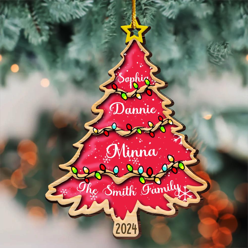 Christmas Tree With Family Names And Led Lights - Personalized Wooden Ornament