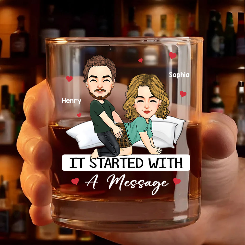 Custom It Started With A Message - Couple Personalized Custom Whiskey Glass - Gift For Husband Wife, Anniversary