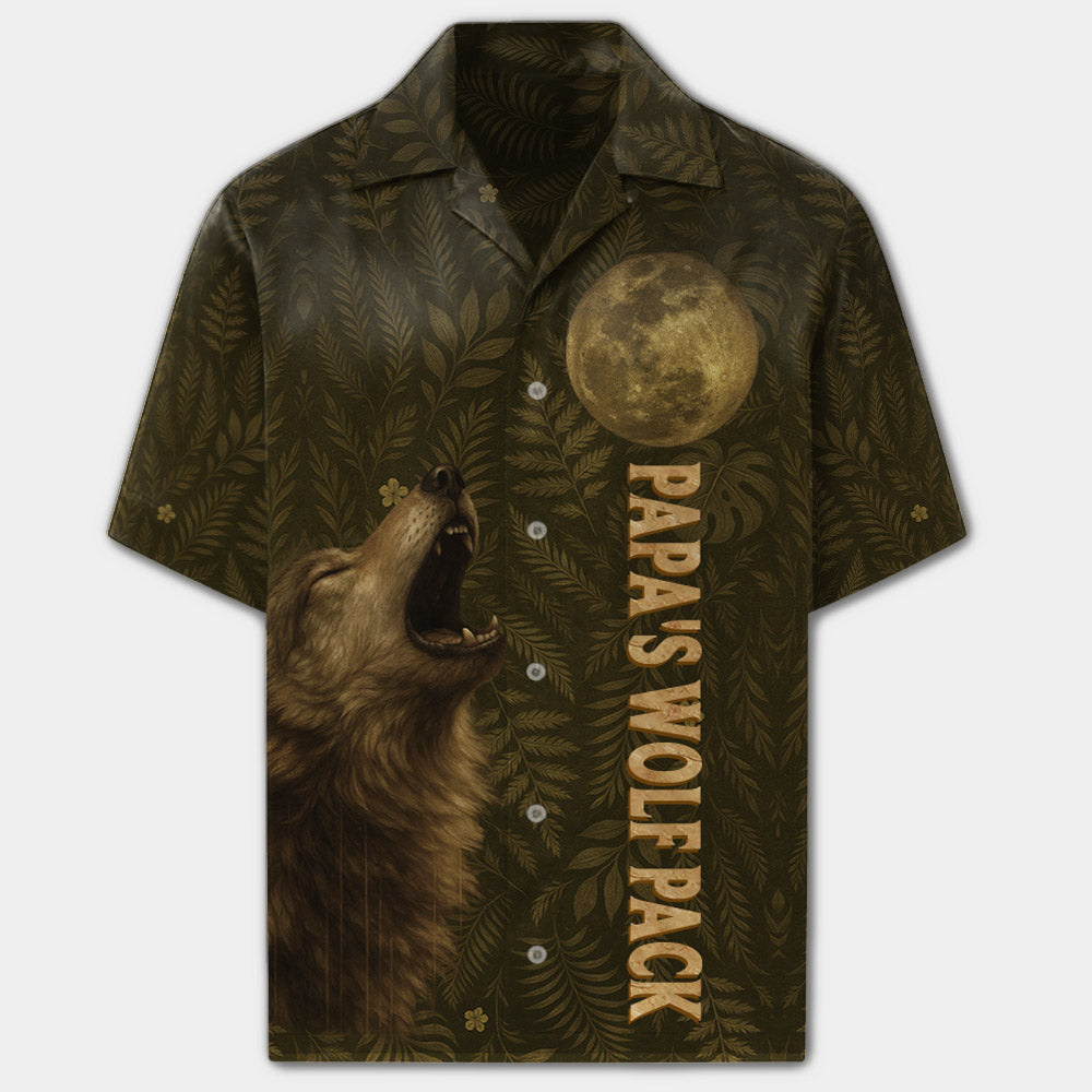 Custom Papa Wolf Pack Hawaiian Shirt, Custom Grandpa With Kids Names Short Sleeve Silk Shirt, Personalized Wolf Pack Tee, Gift For Grandpa, Father's Day Gift