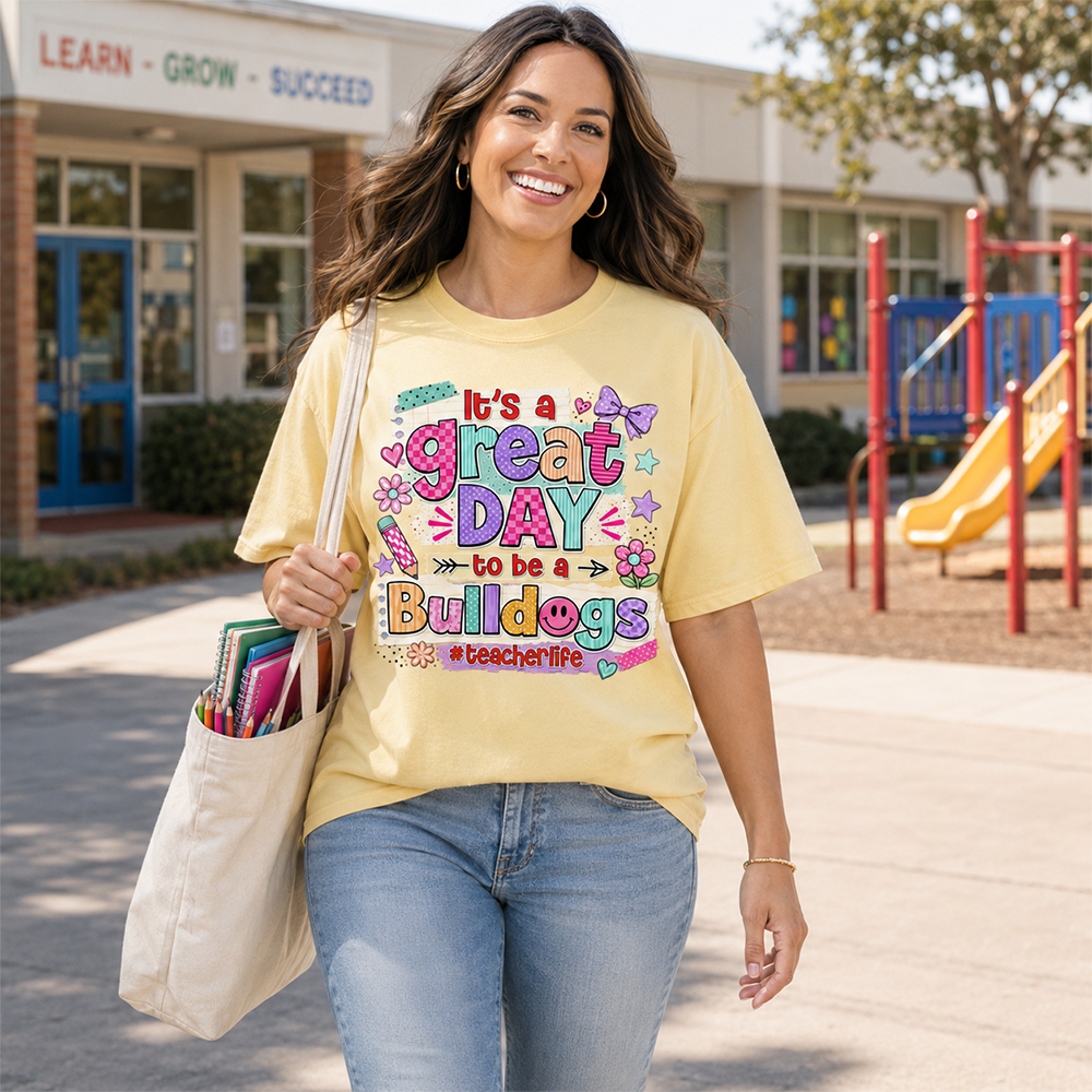 Striped Neon It's A Great Day To Be A Bulldog Personalized School Mascot Retro Stripe Shirt For Teacher Hv01