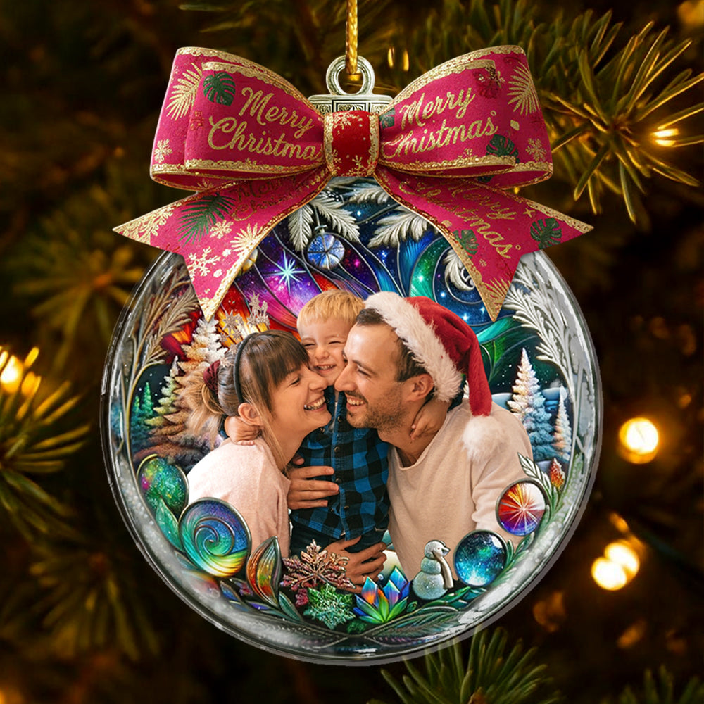 Custom Photo Family In Christmas Bow Ball - Personalized Acrylic Photo Ornament Hv01