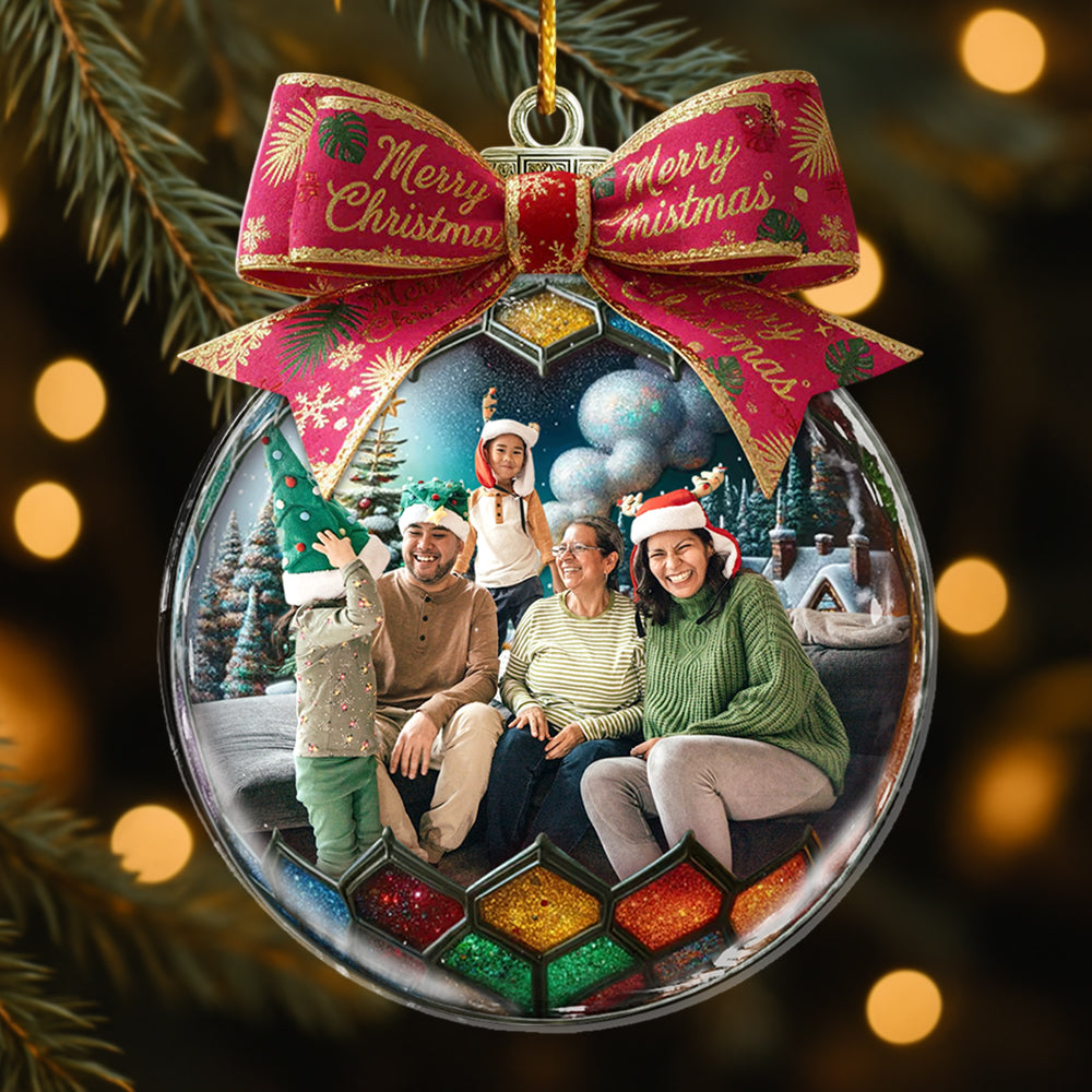 Custom Photo Family In Christmas Bow Ball - Personalized Acrylic Photo Ornament Hv01
