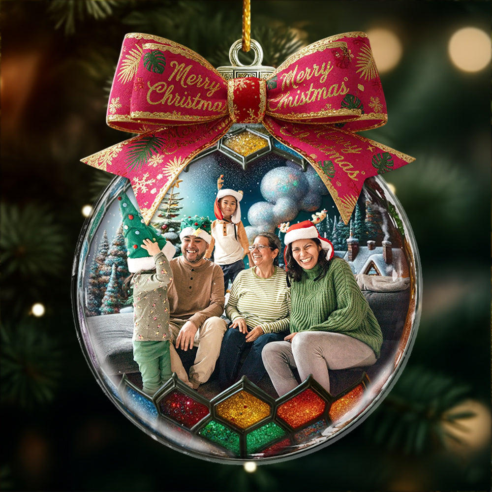 Custom Photo Family In Christmas Bow Ball - Personalized Acrylic Photo Ornament Hv01