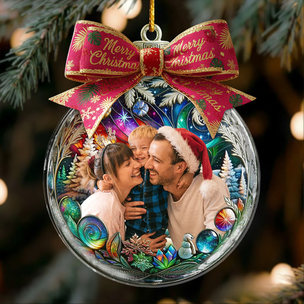 Custom Photo Family In Christmas Bow Ball - Personalized Acrylic Photo Ornament Hv01