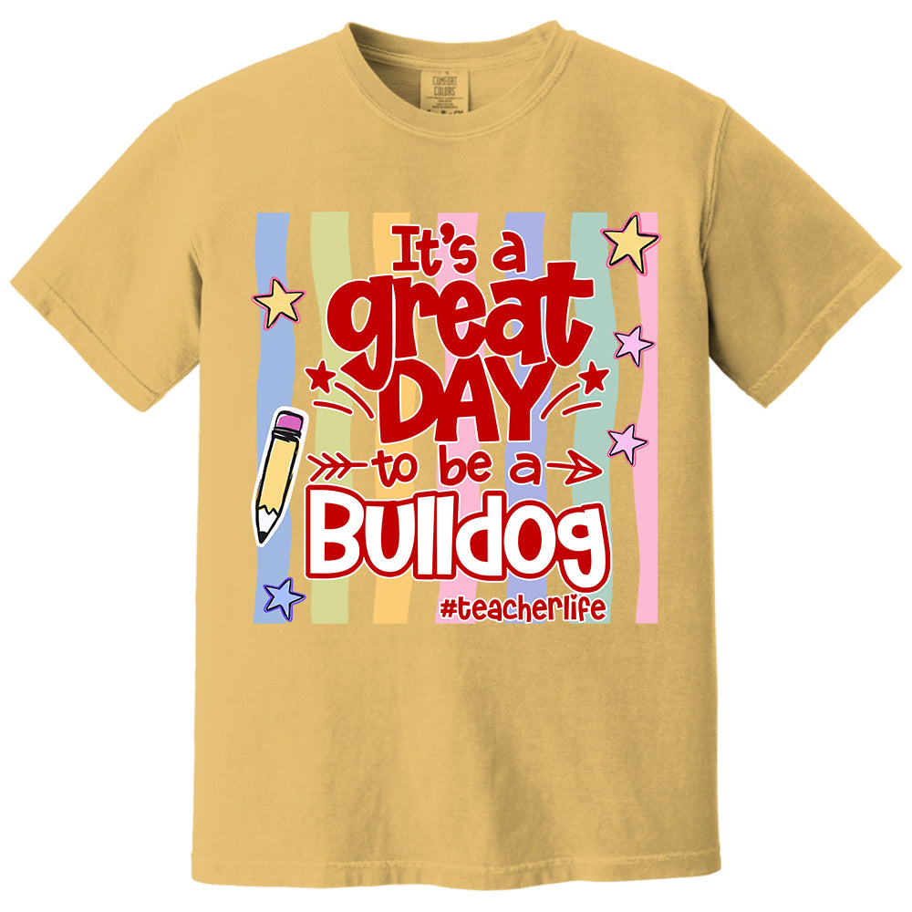 It's A Great Day To Be A Bulldog Personalized School Mascot Retro Stripe Shirt For Teacher T24