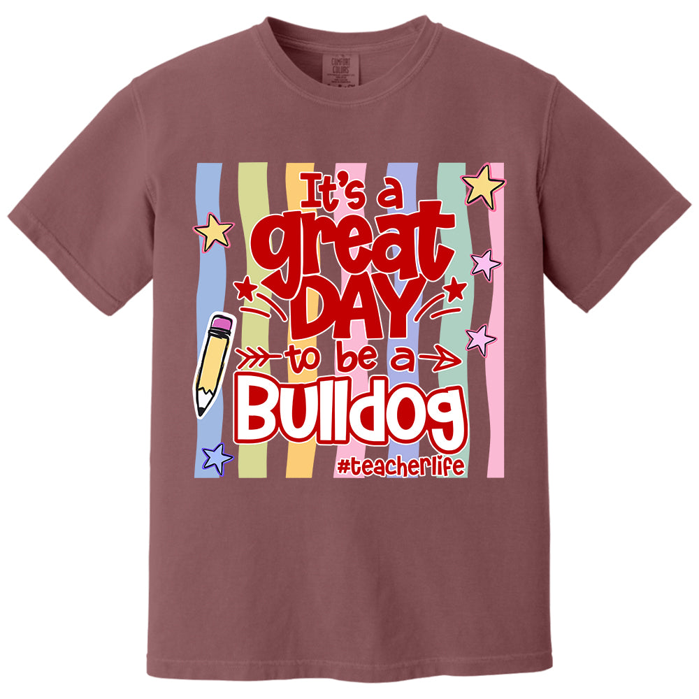 It's A Great Day To Be A Bulldog Personalized School Mascot Retro Stripe Shirt For Teacher T24