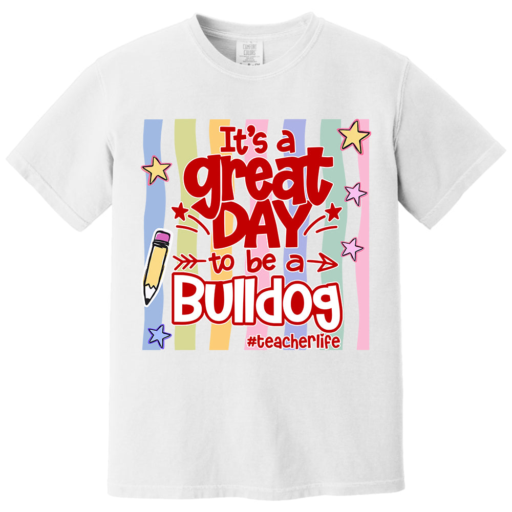 It's A Great Day To Be A Bulldog Personalized School Mascot Retro Stripe Shirt For Teacher T24
