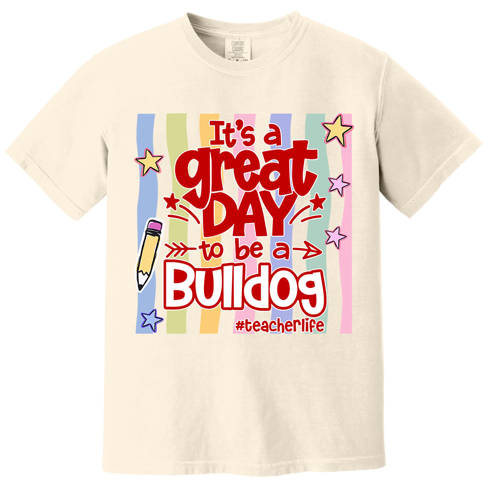 It's A Great Day To Be A Bulldog Personalized School Mascot Retro Stripe Shirt For Teacher T24