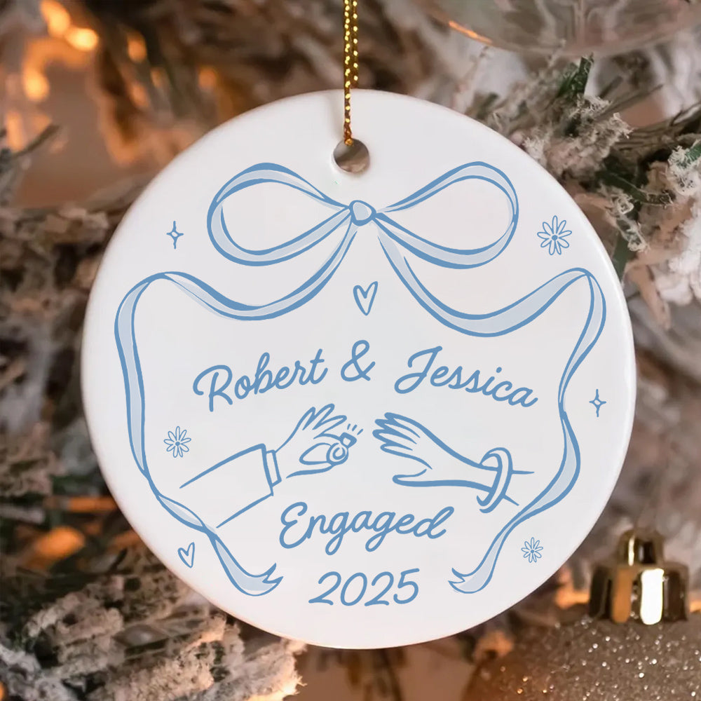 First Christmas Engaged Personalized Ceramic Ornament, Custom Engagement Gift for Couples, Custom Engagement Christmas Keepsake, Engaged Christmas Ceramic Ornament Do99