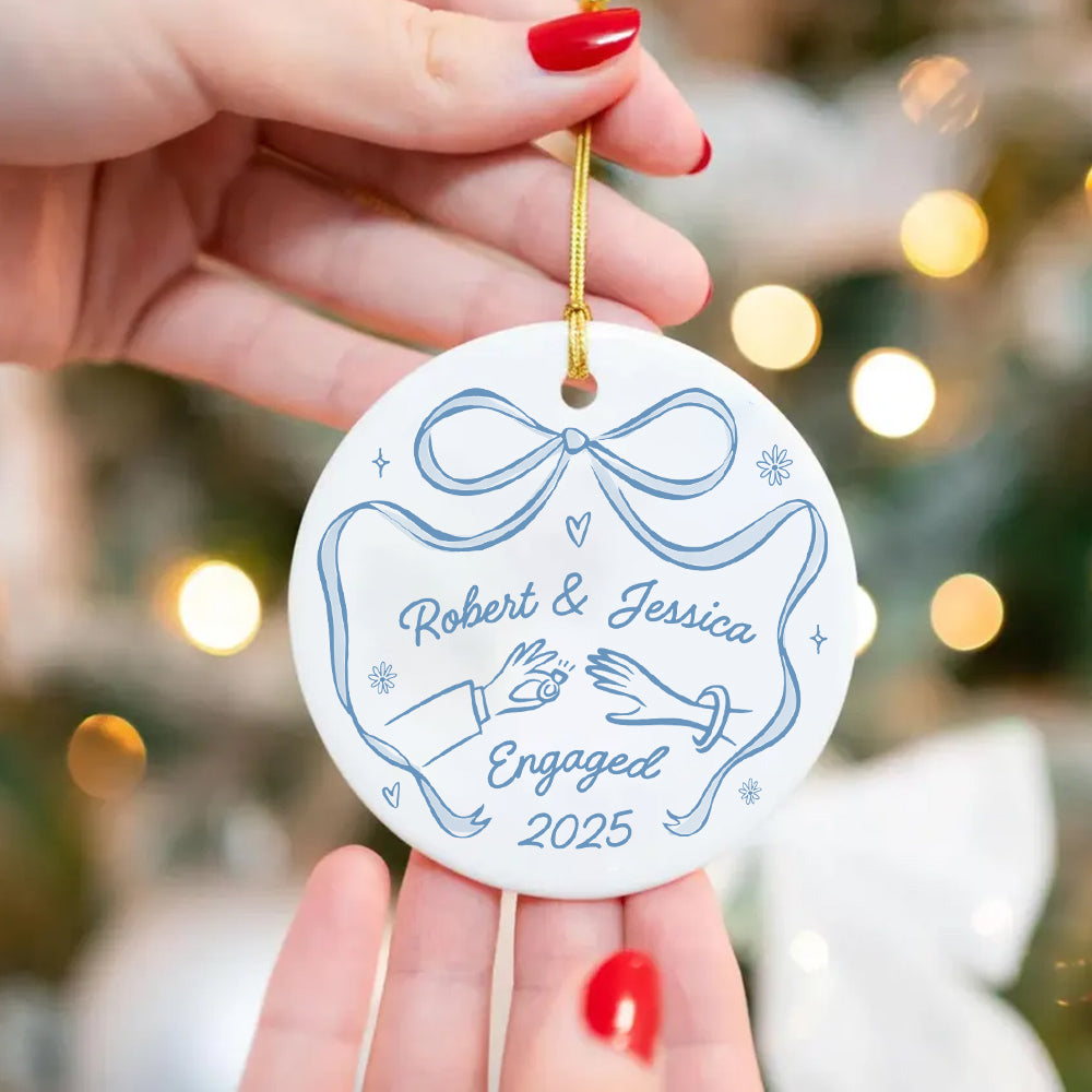 First Christmas Engaged Personalized Ceramic Ornament, Custom Engagement Gift for Couples, Custom Engagement Christmas Keepsake, Engaged Christmas Ceramic Ornament Do99