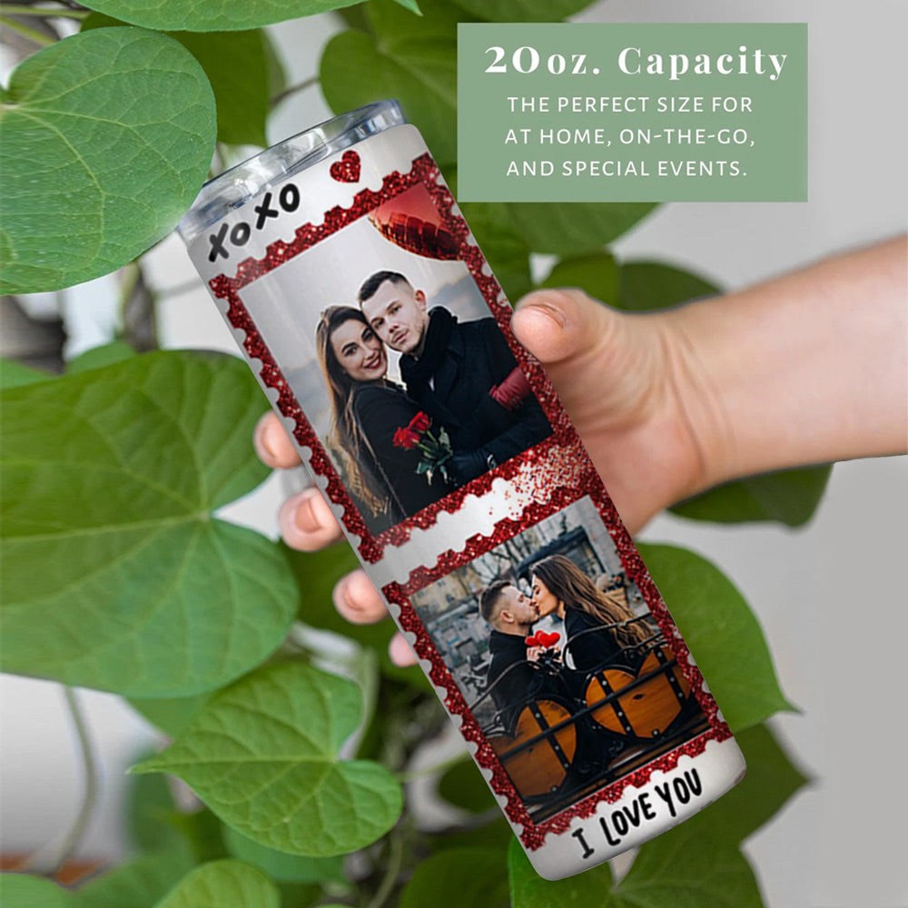 Love Valentine's Day With Photo Red Glitter Hearts Skinny Tumbler, Couple Valentine, Gift For Her, Gift For Couple Do99