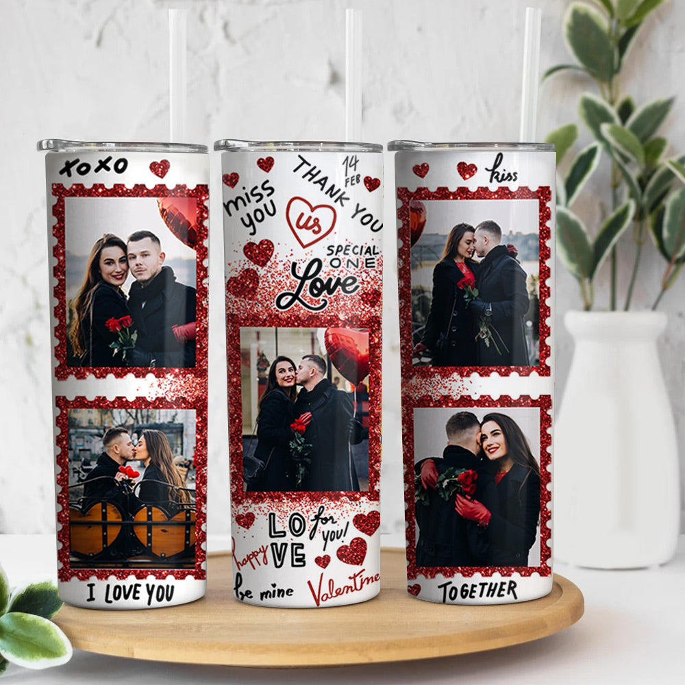 Love Valentine's Day With Photo Red Glitter Hearts Skinny Tumbler, Couple Valentine, Gift For Her, Gift For Couple Do99