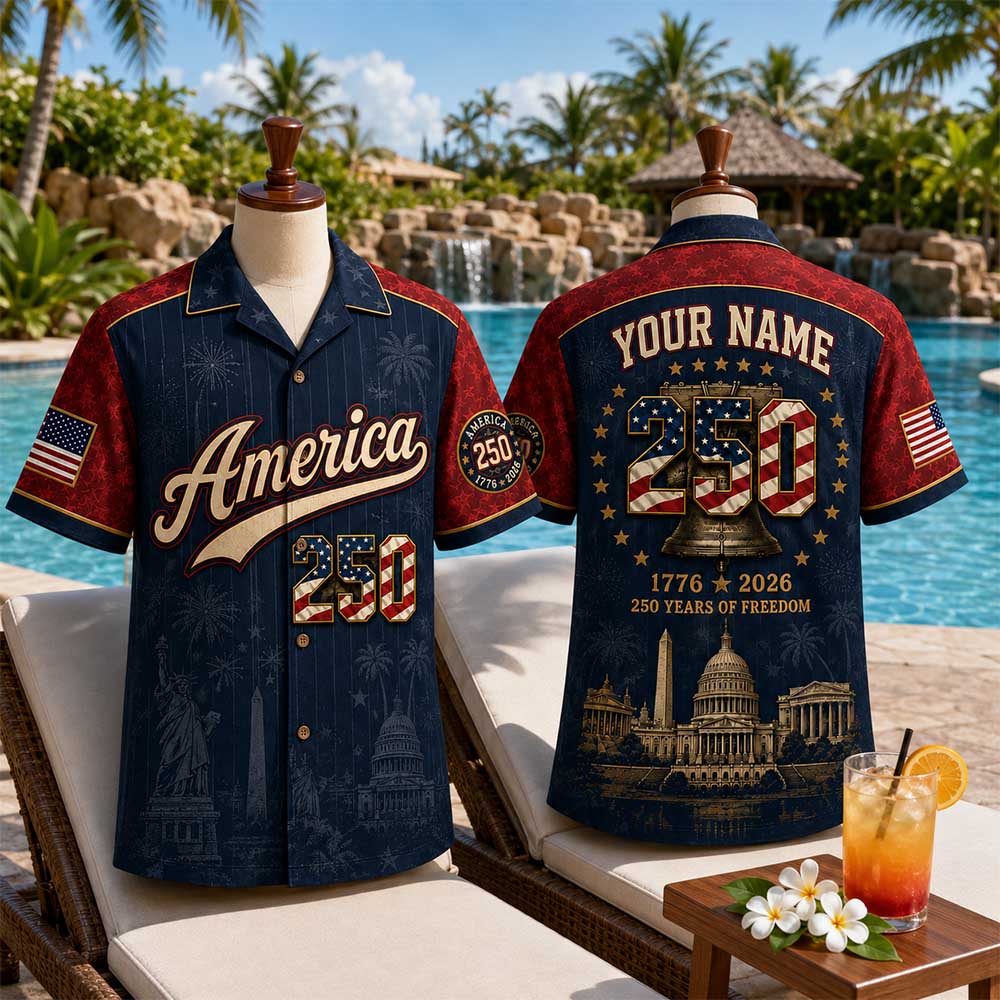 Personalized America 250 Hawaiian Shirt, Custom Name Number USA 1776 2026 Hawaiian Shirt, Patriotic Liberty Bell Shirt, 4th of July Gift Pt99