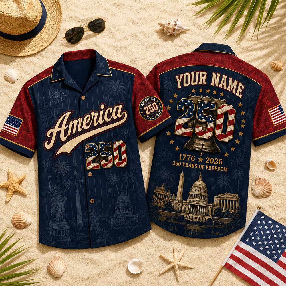Personalized America 250 Hawaiian Shirt, Custom Name Number USA 1776 2026 Hawaiian Shirt, Patriotic Liberty Bell Shirt, 4th of July Gift Pt99