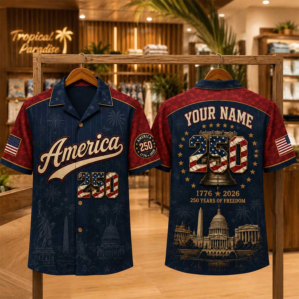 Personalized America 250 Hawaiian Shirt, Custom Name Number USA 1776 2026 Hawaiian Shirt, Patriotic Liberty Bell Shirt, 4th of July Gift Pt99