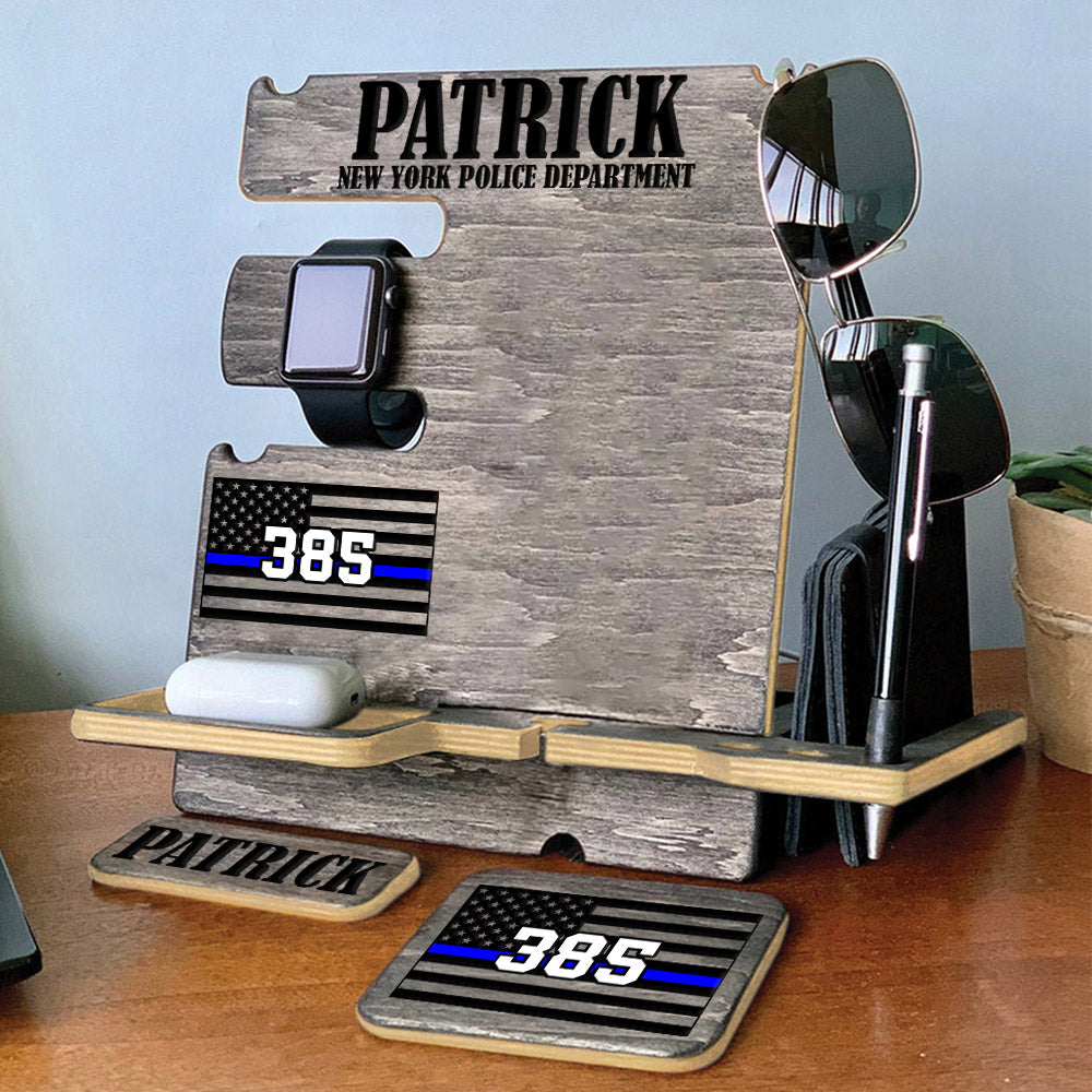 Personalized Gift for Police Wood Docking Station Desk Organizer Custom Police Officer Gift Phone Stand H2511