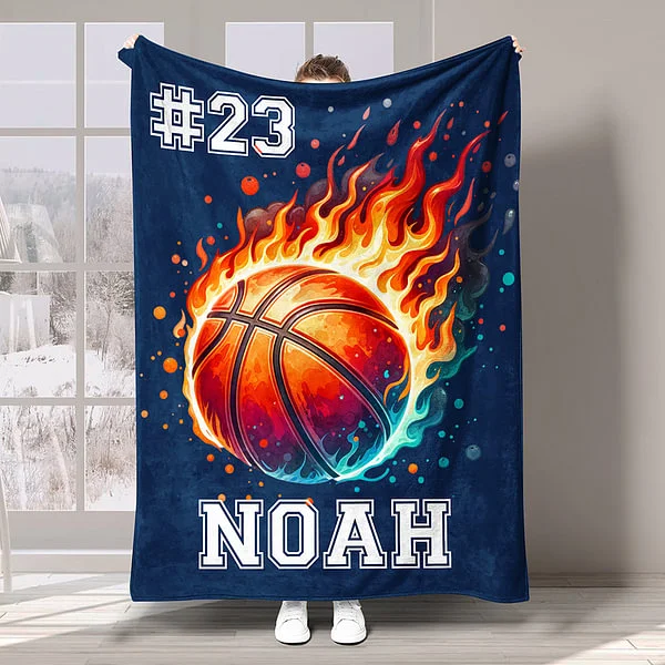 Personalized Flaming Basketball Football Sports Ball Design Soft Throw Blanket with Name and Number Birthday Match Day Gift for Team Ball Games Lovers