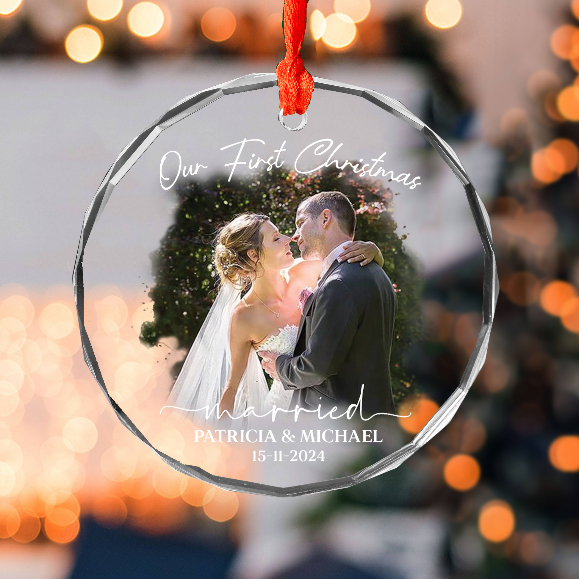 Luxury Watercolor Style Ornament First Christmas Married - Married Photo Ornament Pa00
