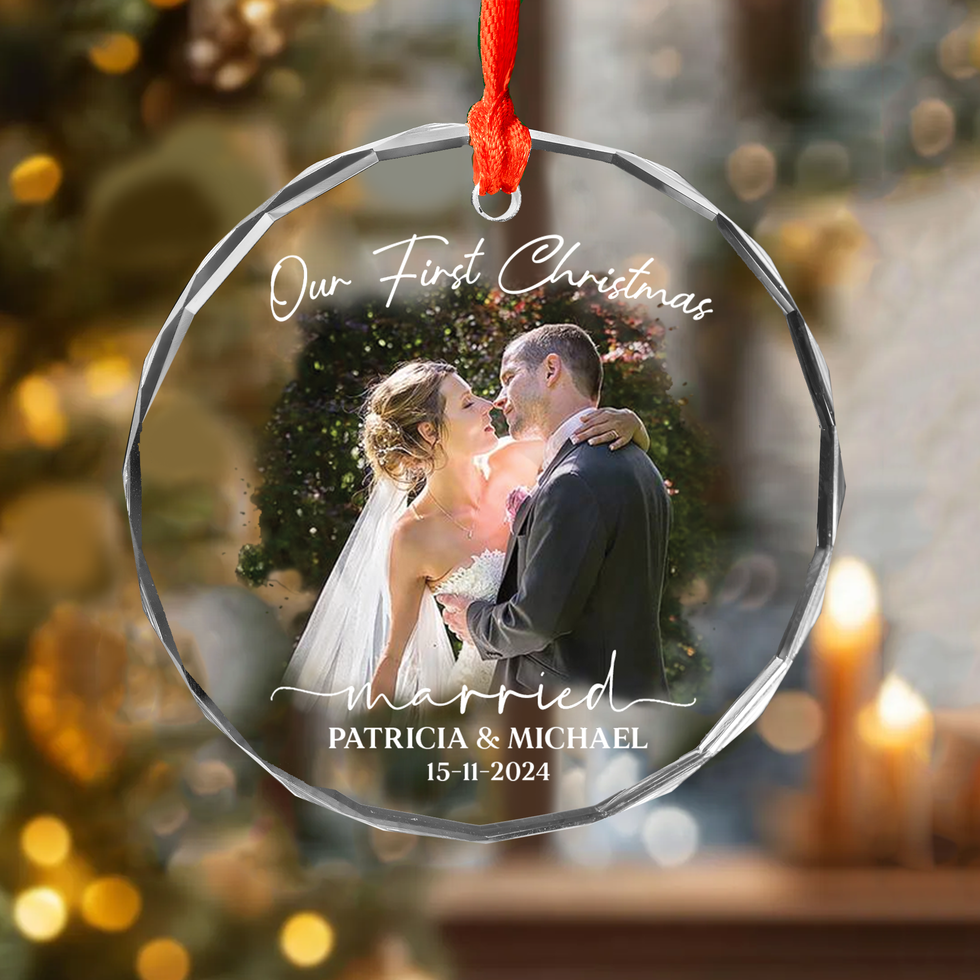 Luxury Watercolor Style Ornament First Christmas Married - Married Photo Ornament Pa00