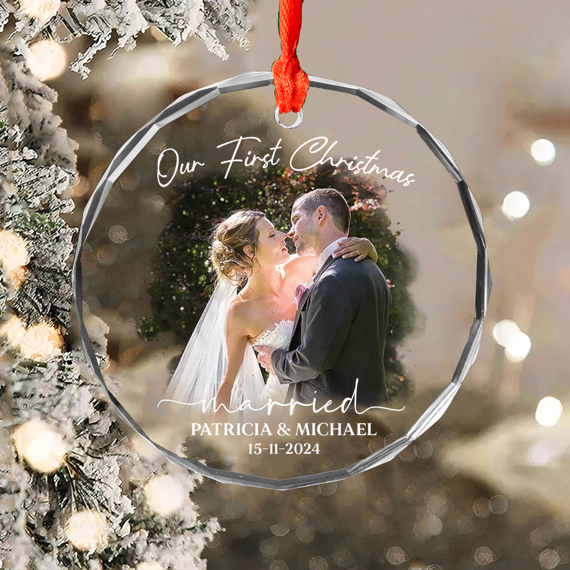 Luxury Watercolor Style Ornament First Christmas Married - Married Photo Ornament Pa00