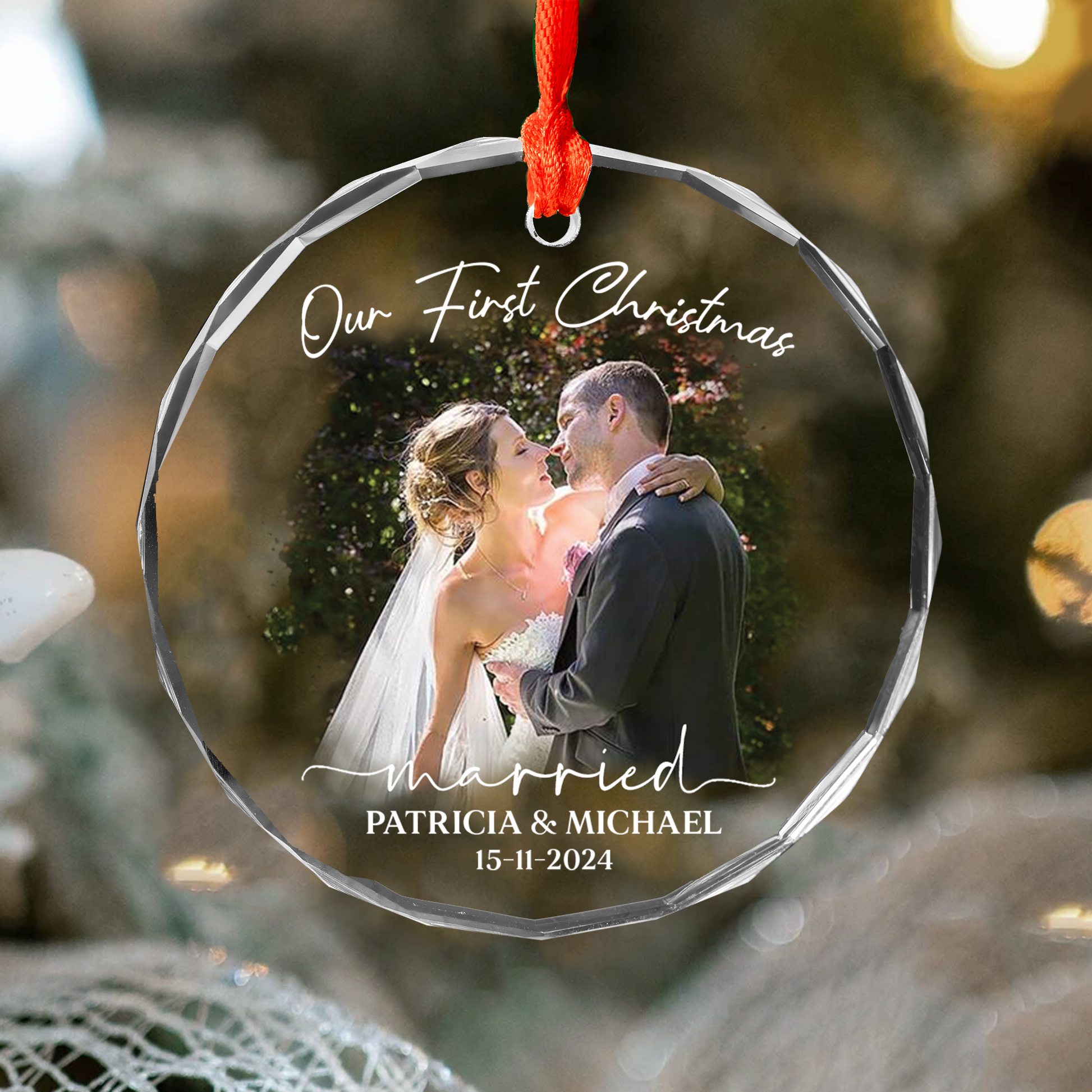 Luxury Watercolor Style Ornament First Christmas Married - Married Photo Ornament Pa00