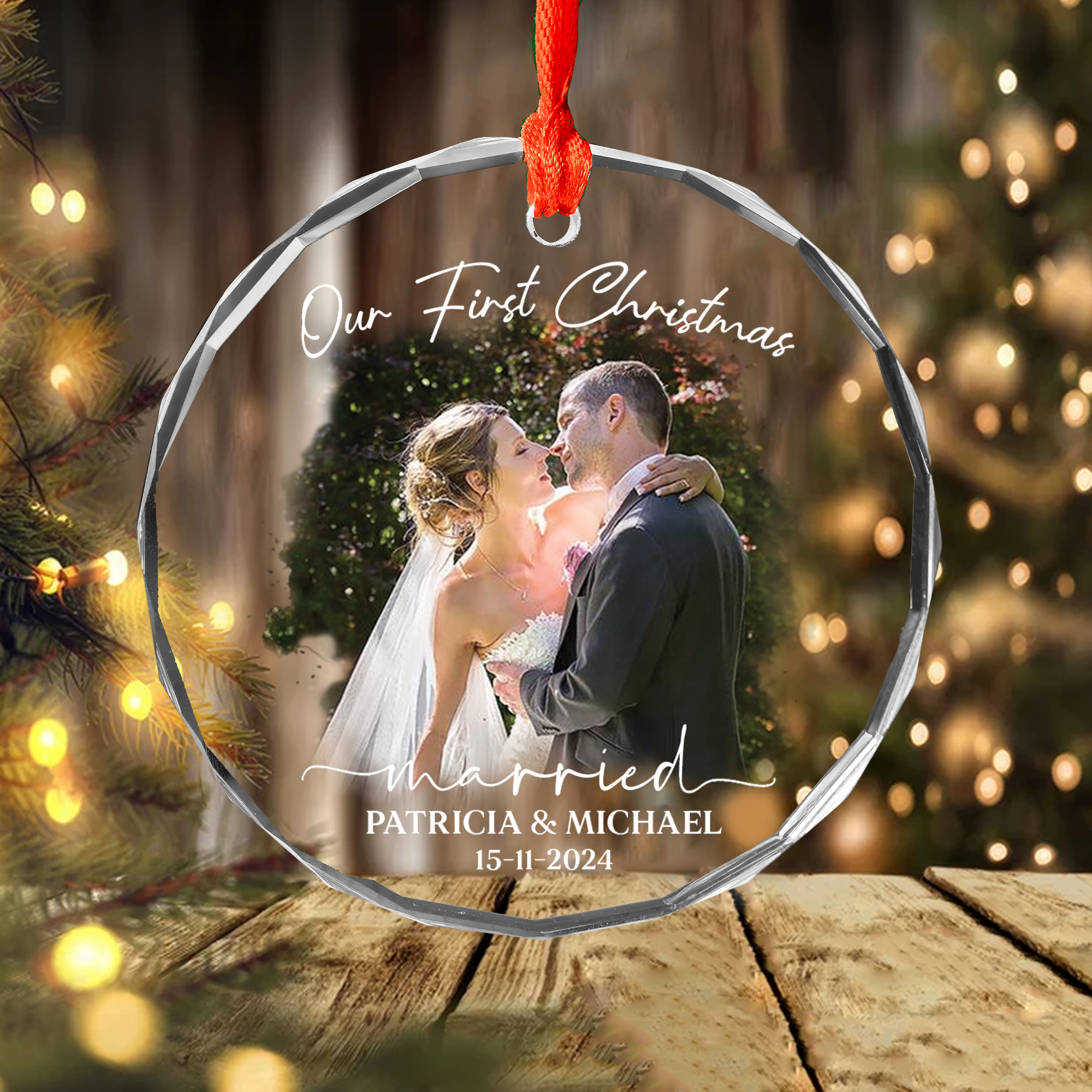Luxury Watercolor Style Ornament First Christmas Married - Married Photo Ornament Pa00