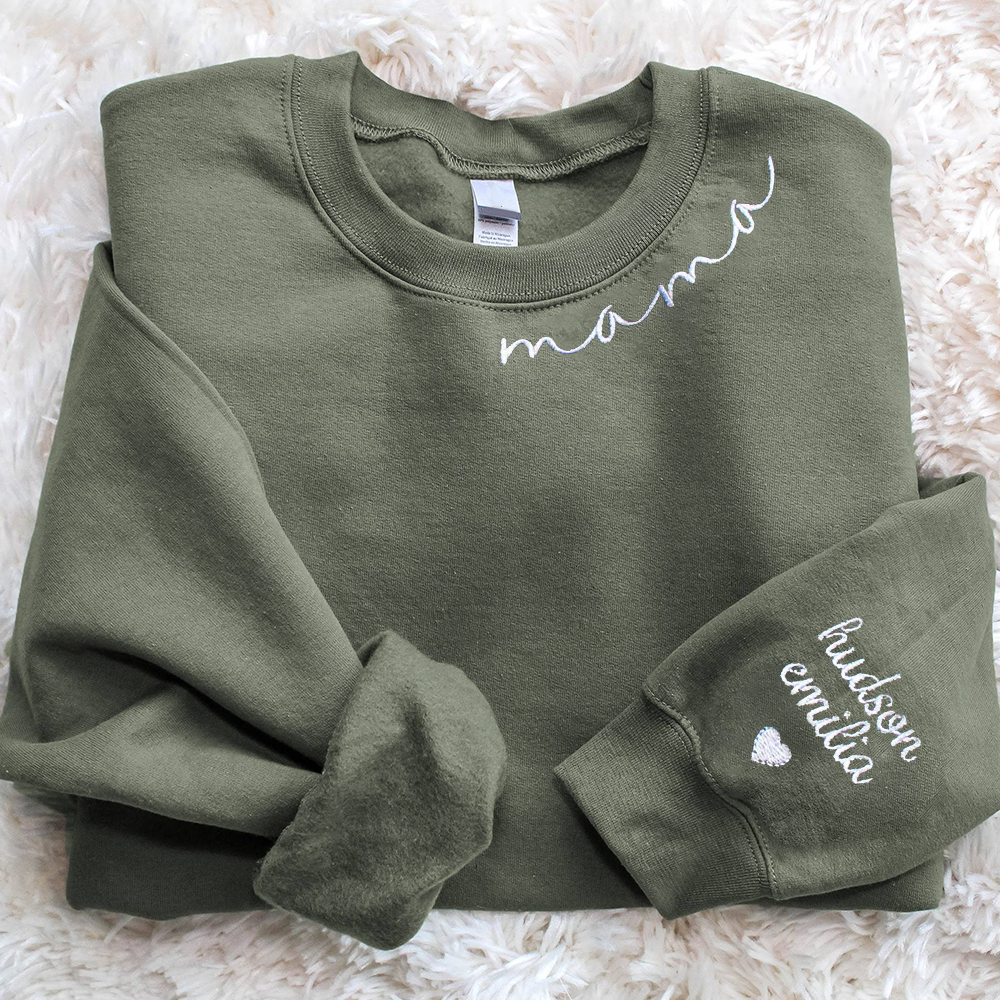 Mama Embroidered Sweatshirt, Custom Embroidered Sweatshirt, Kid Names on Sleeve, Name on Neckline, Mother's Day Gift, Baby Shower Gift