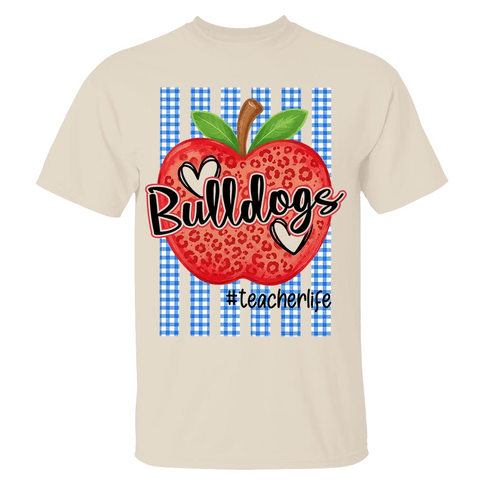 Personalized School Striped Mascot Apple Blue Gingham Stripes T-shirt For Teacher Nh00