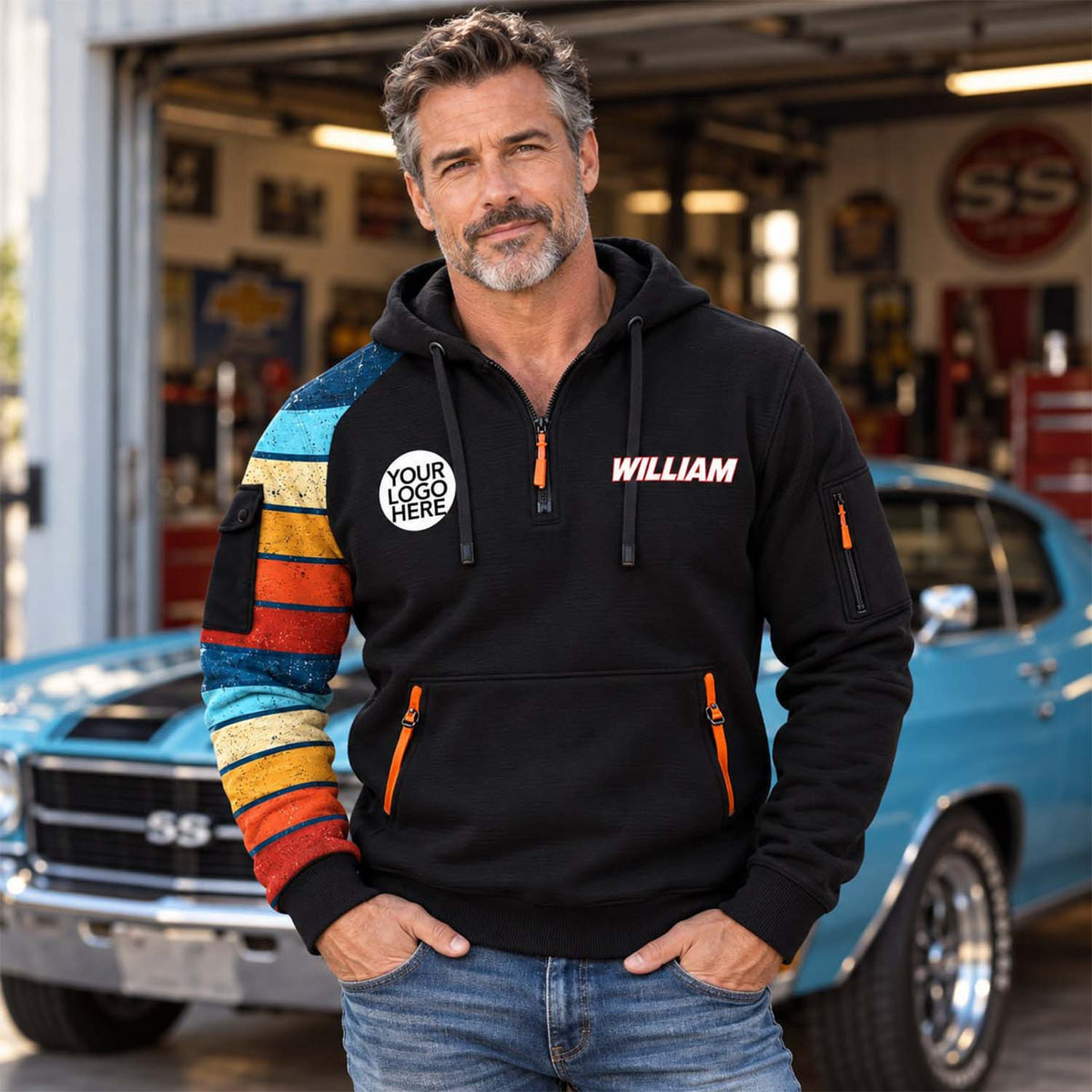 Personalized Photo Classic Car Half Zipper Hoodie - Gift for Dad, Grandpa & Car Lovers A2110 Pt99 VN09