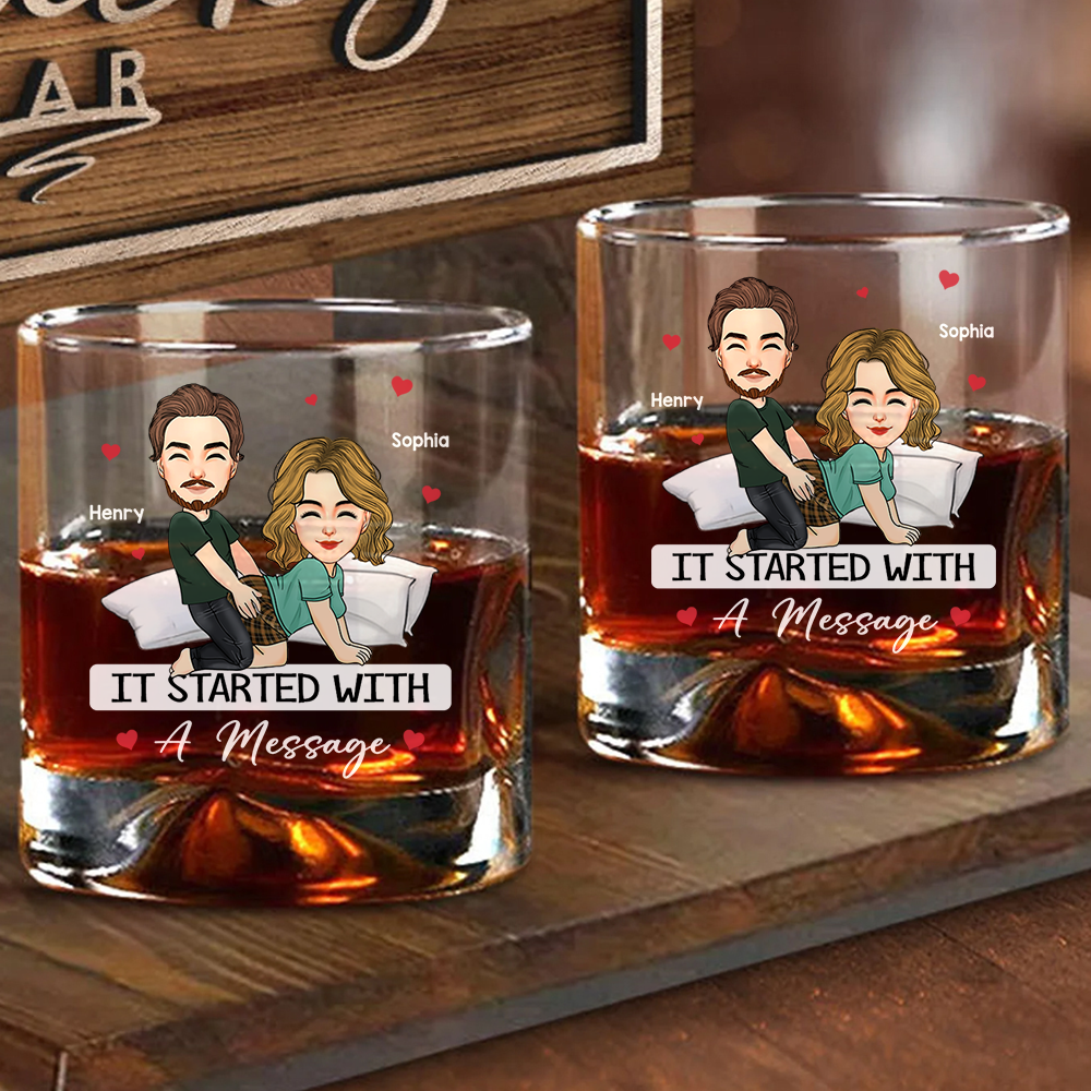 Custom It Started With A Message - Couple Personalized Custom Whiskey Glass - Gift For Husband Wife, Anniversary Pa00