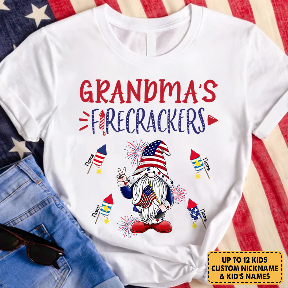 Personalized Grandma's Firecrackers, Gnomes 4Th Of July Shirt For Grandma