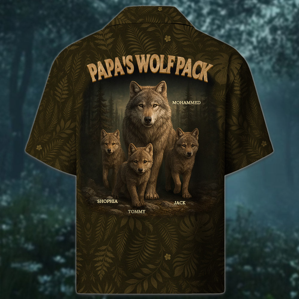 Custom Papa Wolf Pack Hawaiian Shirt, Custom Grandpa With Kids Names Short Sleeve Silk Shirt Pt99