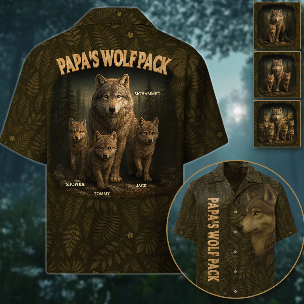 Custom Papa Wolf Pack Hawaiian Shirt, Custom Grandpa With Kids Names Short Sleeve Silk Shirt Pt99