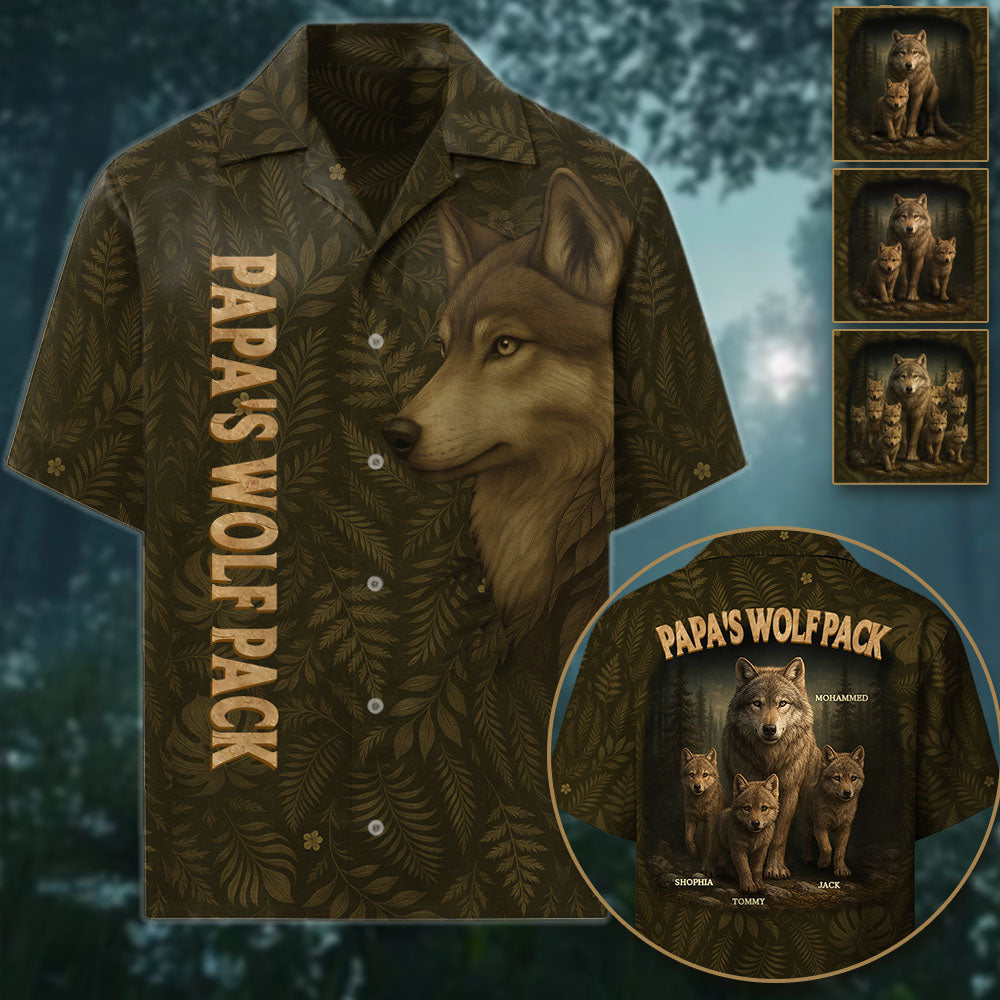 Custom Papa Wolf Pack Hawaiian Shirt, Custom Grandpa With Kids Names Short Sleeve Silk Shirt Pt99