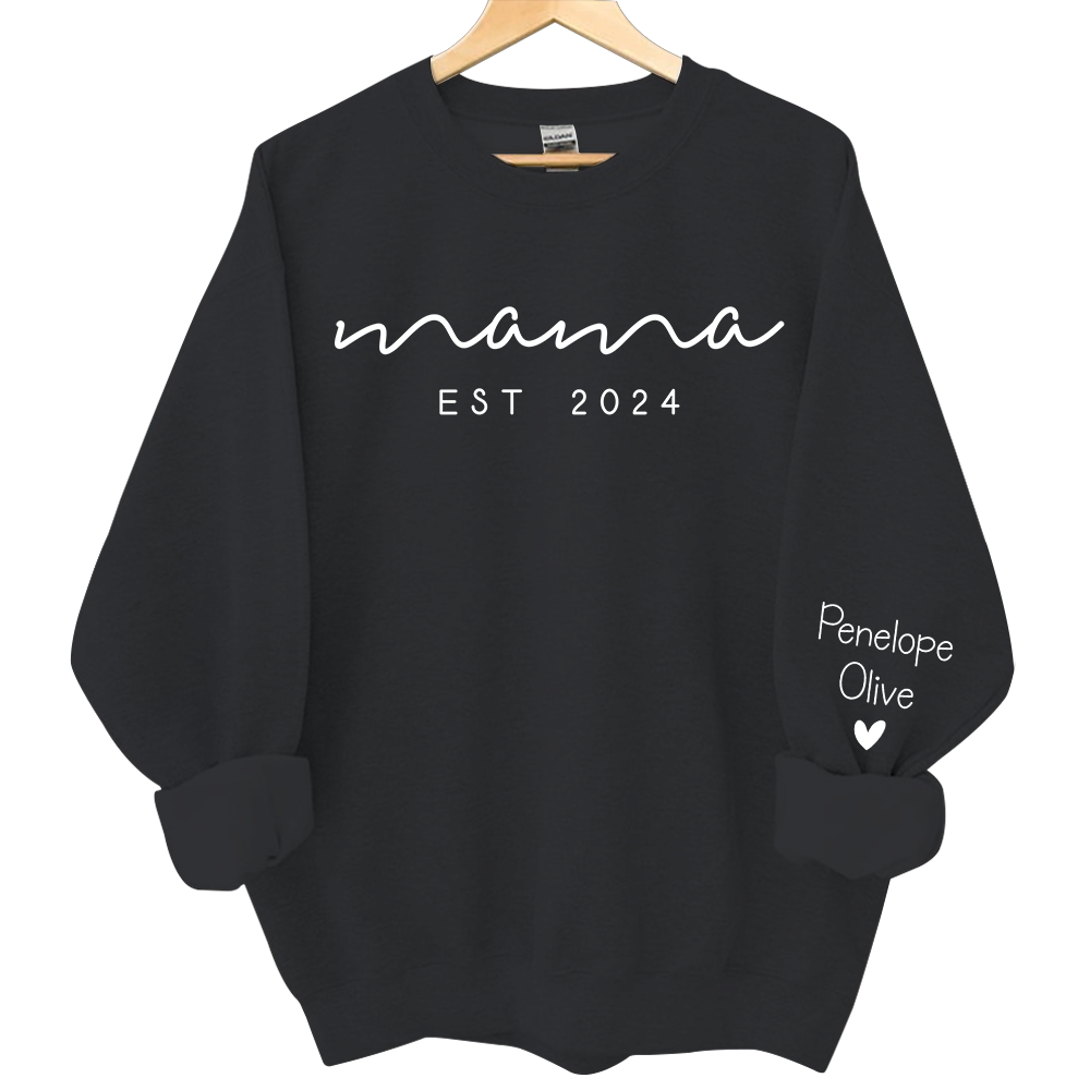Custom Mama Sweatshirt with Date and Children Name on Sleeve, Mama Sweatshirt, Minimalist Mama