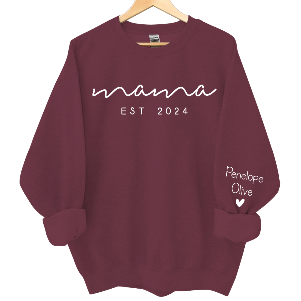 Custom Mama Sweatshirt with Date and Children Name on Sleeve, Mama Sweatshirt, Minimalist Mama