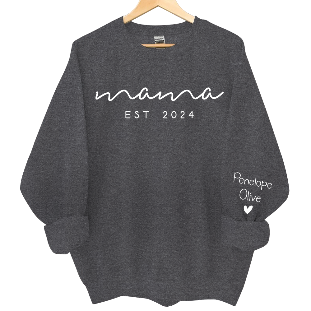 Custom Mama Sweatshirt with Date and Children Name on Sleeve, Mama Sweatshirt, Minimalist Mama