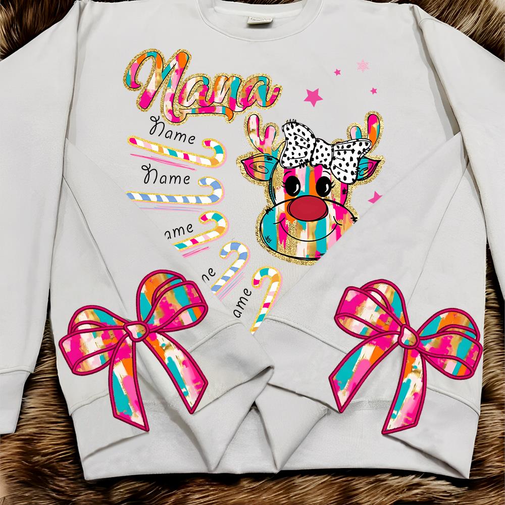 Personalized Grandma Colorful Glitter Christmas Reindeer Shirt With Grandkids Name - Side Bow Appliqué Sweatshirt Embroidery