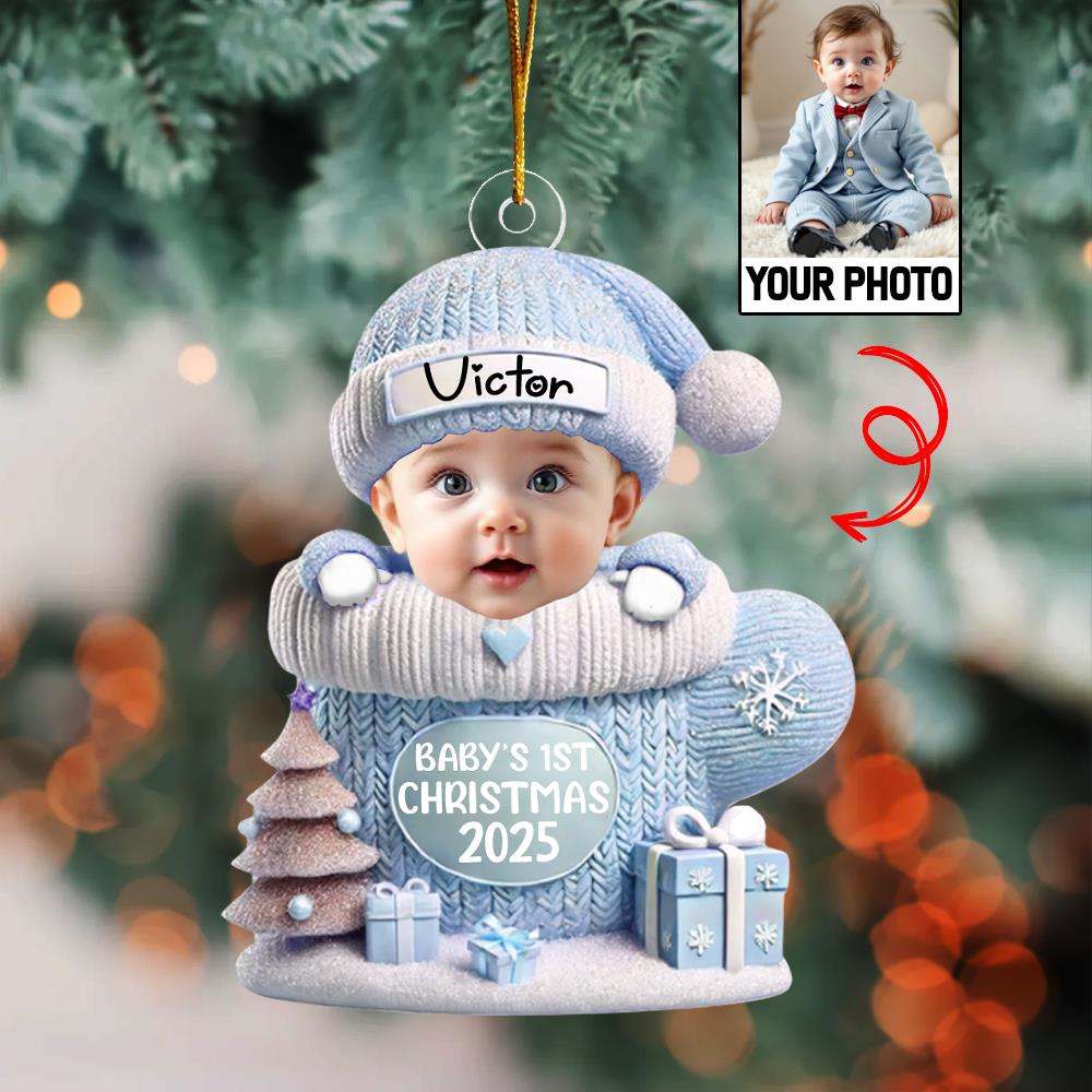 Baby In Mitten - Custom Photo Baby’s 1st Christmas Acrylic Ornament A2110