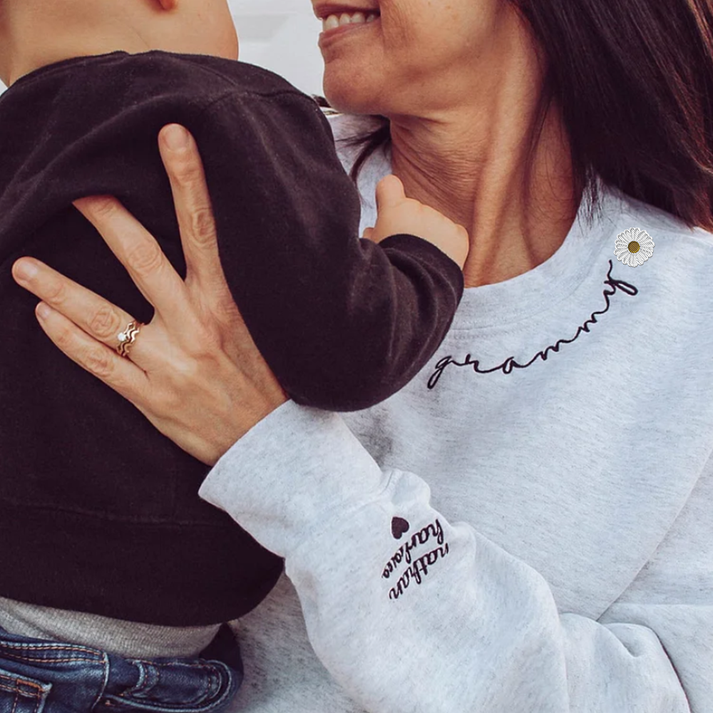 Custom Mama Embroidered Sweatshirt With Kid Name On Sleeve - Personalized Grandma Embroidered Sweatshirt