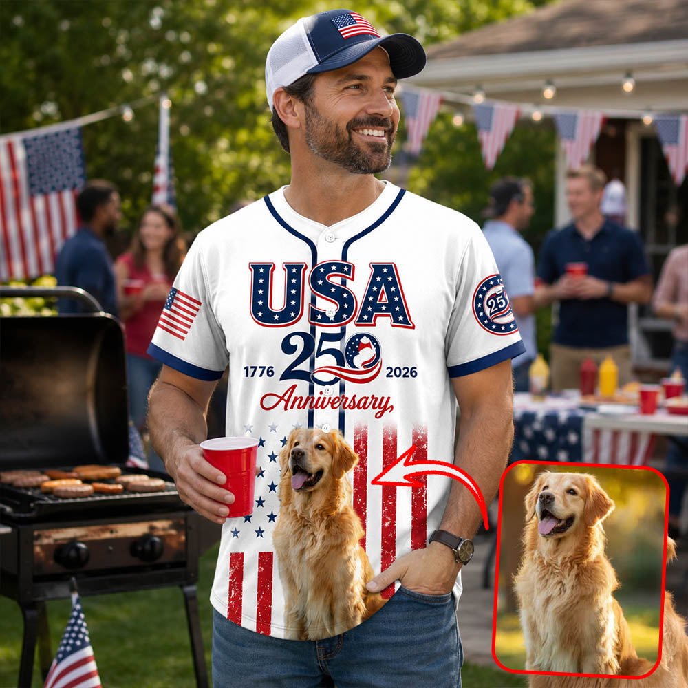 Custom Upload Photo Golden Retriever USA 250th Anniversary Baseball Jersey 1776-2026 Patriotic Dog Lovers Shirt