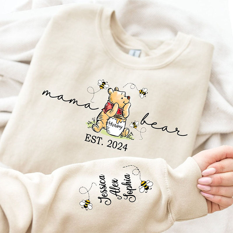 Custom Mama Bear Sweatshirt,Mama Est with Kids Name on Sleeve Sweatshirt, Personalized Mom Sweatshirt, Nana, Grandma, Gigi, Mothers Day Shirt