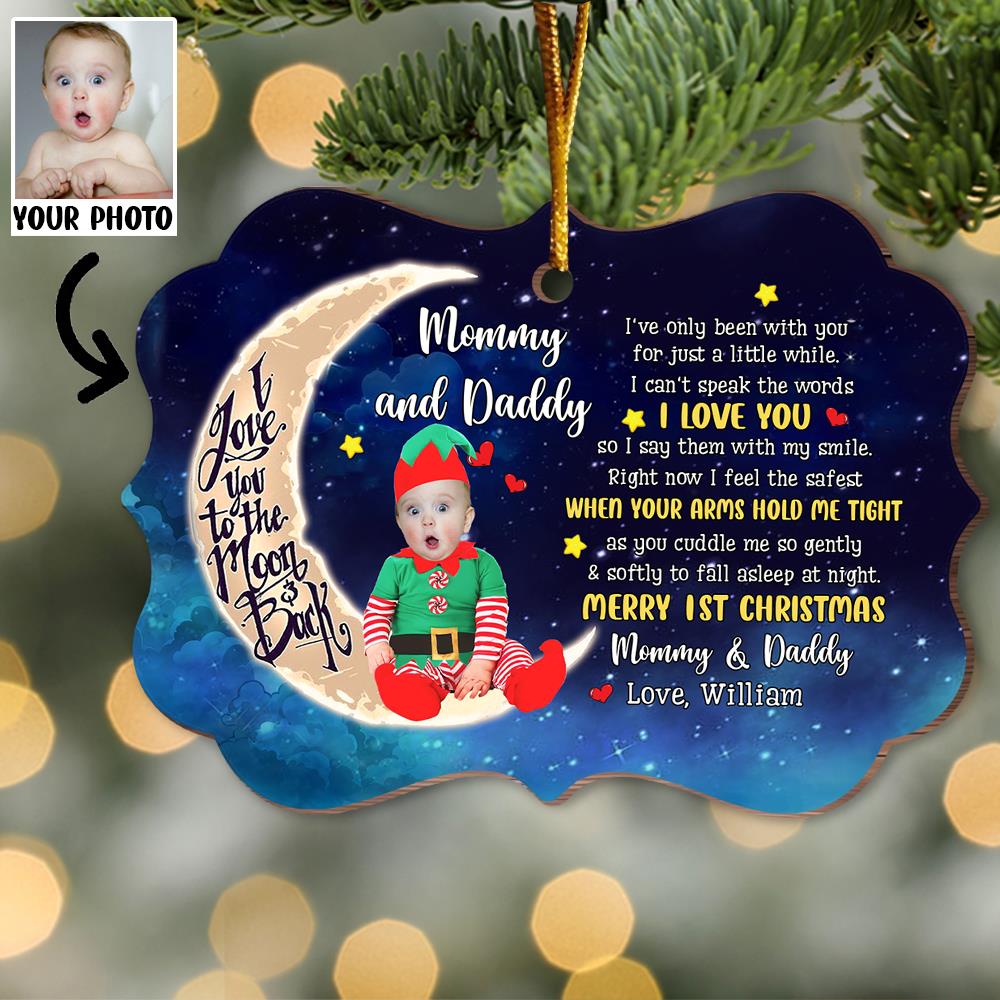 Personalized Adorable Newborn Baby Elf First Christmas Ornament - Custom Face Baby Wooden Ornament