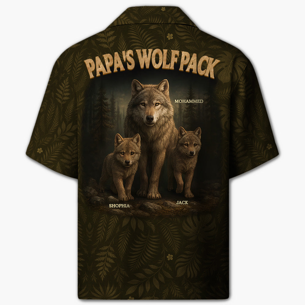 Custom Papa Wolf Pack Hawaiian Shirt, Custom Grandpa With Kids Names Short Sleeve Silk Shirt, Personalized Wolf Pack Tee, Gift For Grandpa, Father's Day Gift