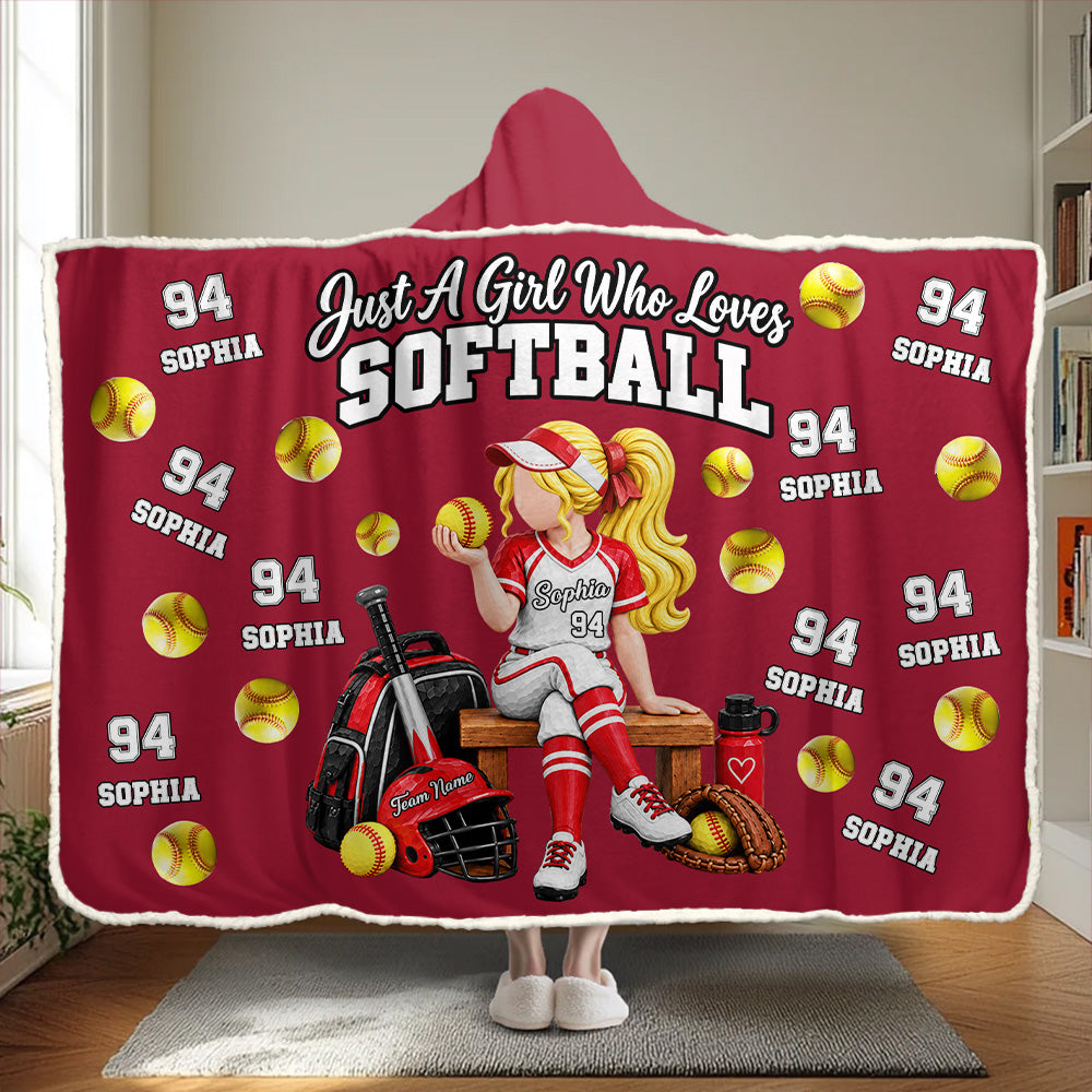 Just A Girl Who Loves Softball, Personalized Softball Wearable Blanket Hoodie For Softball Lovers, Softball Players Ver2 MI209 T24 VN09