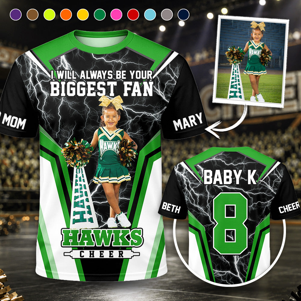 Personalized Cheer Mom Shirt, I’ll Always Be Your Biggest Fan, Custom Player Name & Number All Over Print Game Day Shirt for Mom Grandma Family Hv01