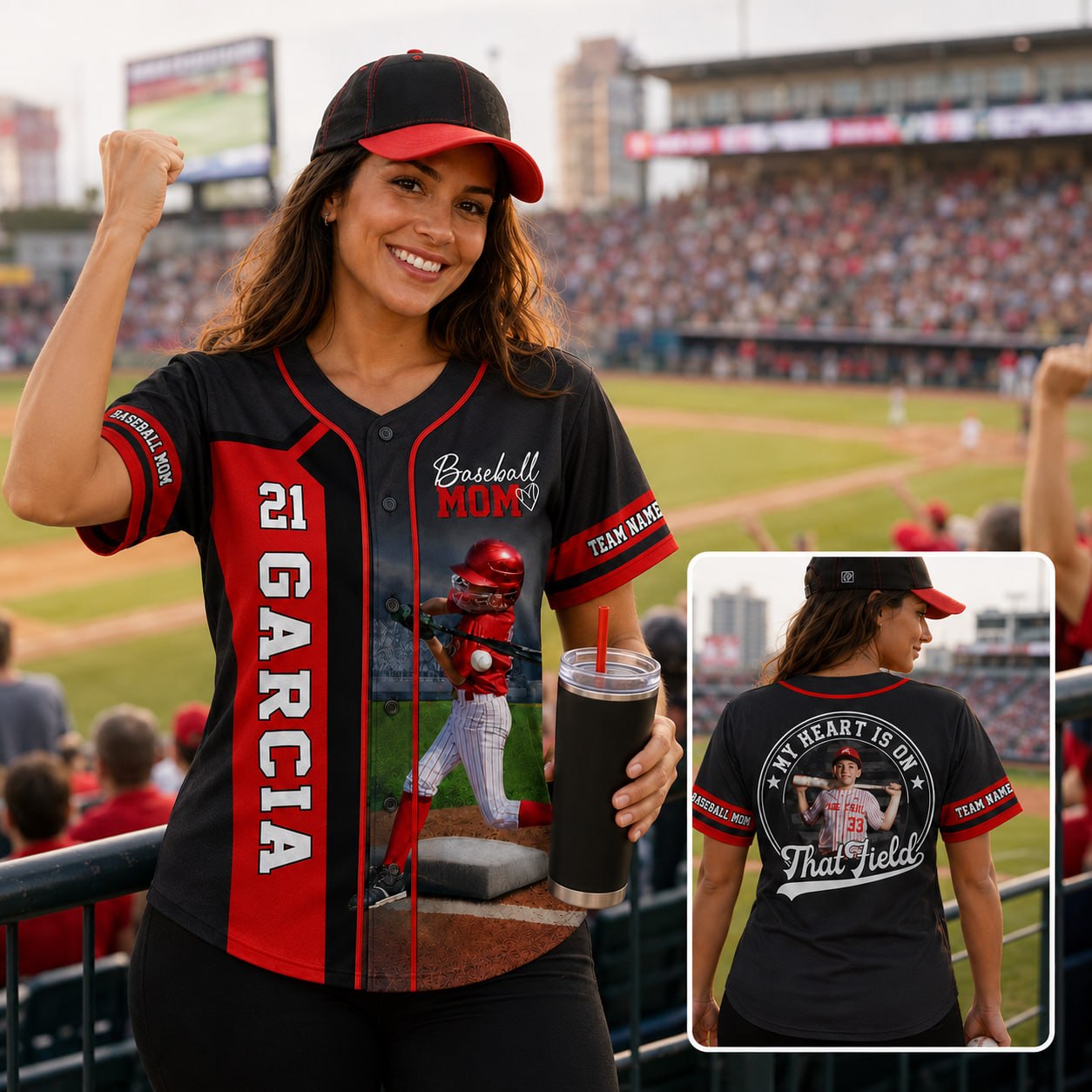 Baseball Mom - My Heart Is On That Field - Personalized Baseball Jersey Custom Photo Baseball Player NA04 PT99