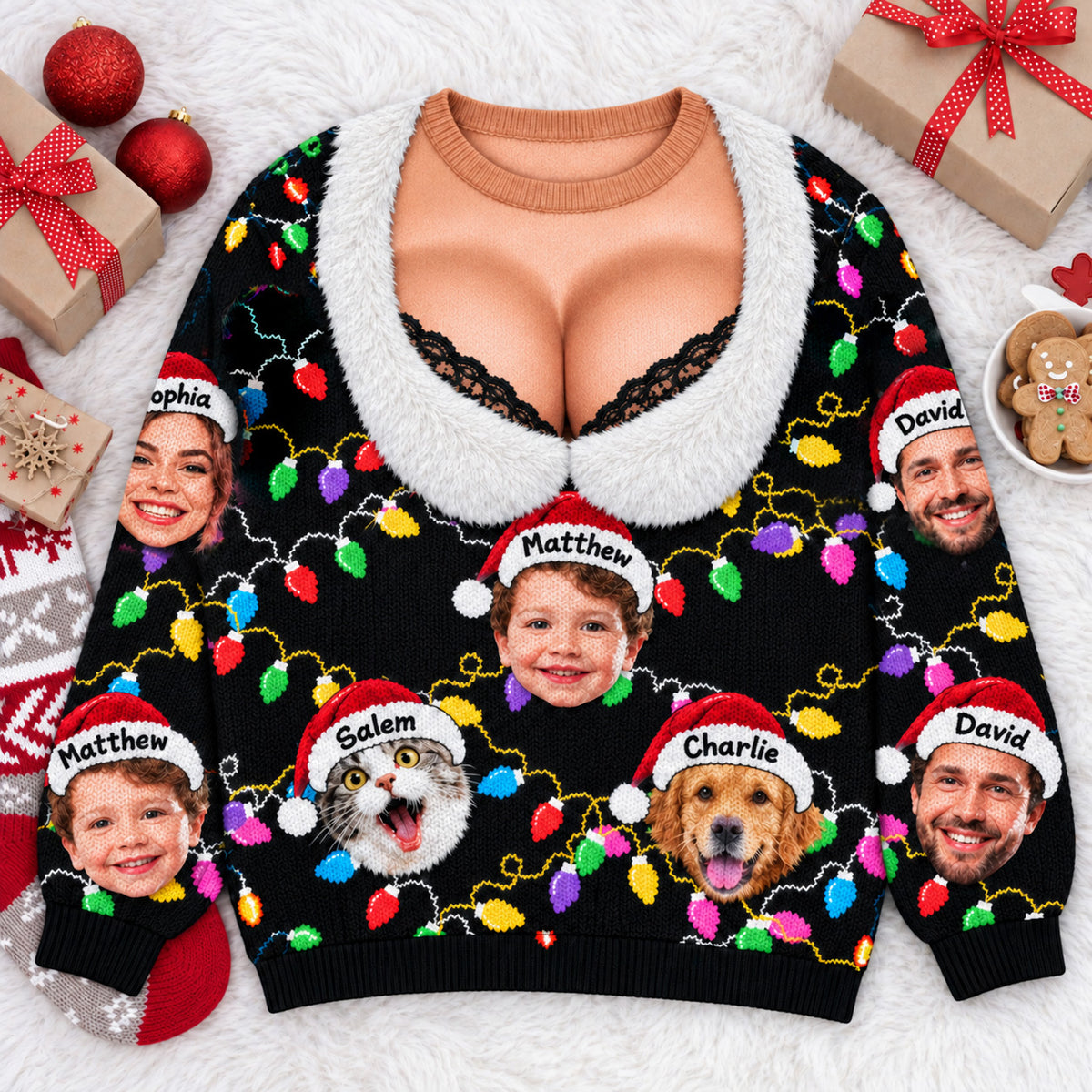 Personalized Funny Faux Cleavage Ugly Sweater, Lace-Trim Holiday Party Top, Custom Face Christmas Family Silly Xmas Leds T1807 Hv01